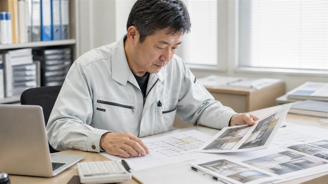 物件資料と図面から概算費用を検討する50代の日本人工事スタッフ