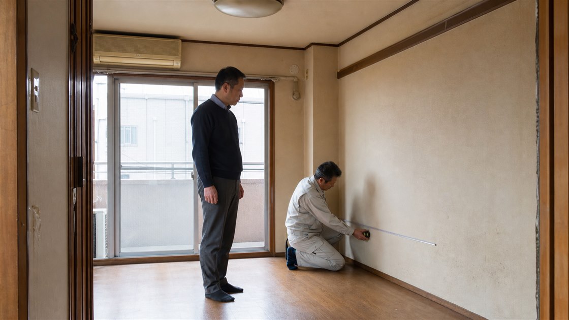 使用年数が経った投資用マンションをお客様立会いのもと調査する職人