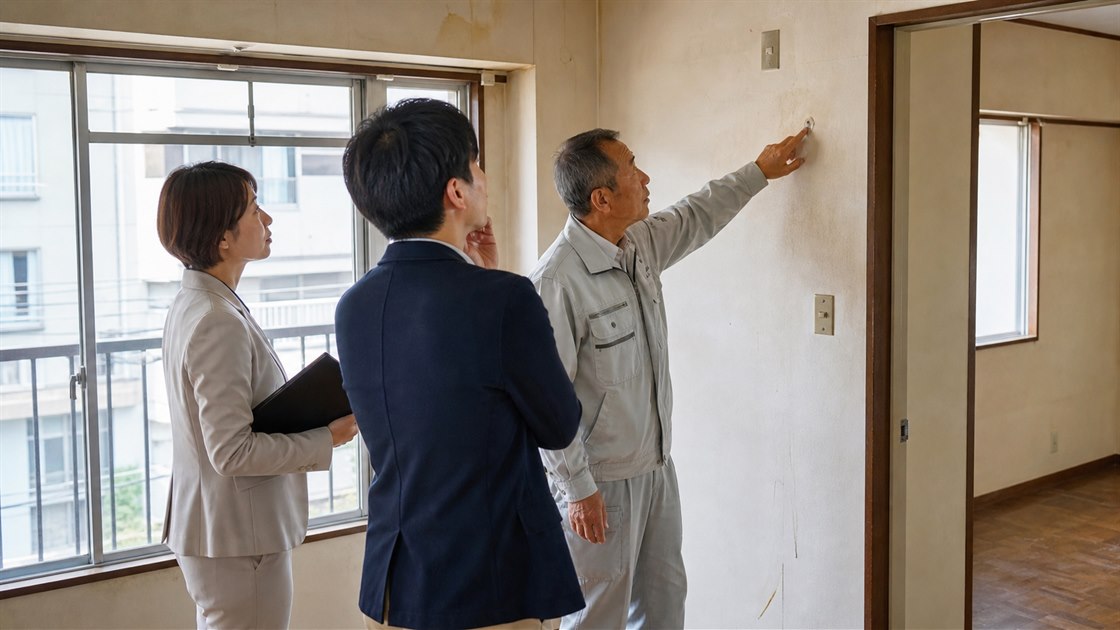 物件の内見に同行し状態を確認する職人