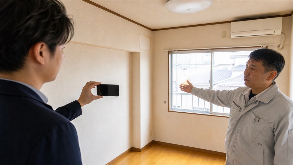 スマートフォンのビデオ通話で室内を確認する職人