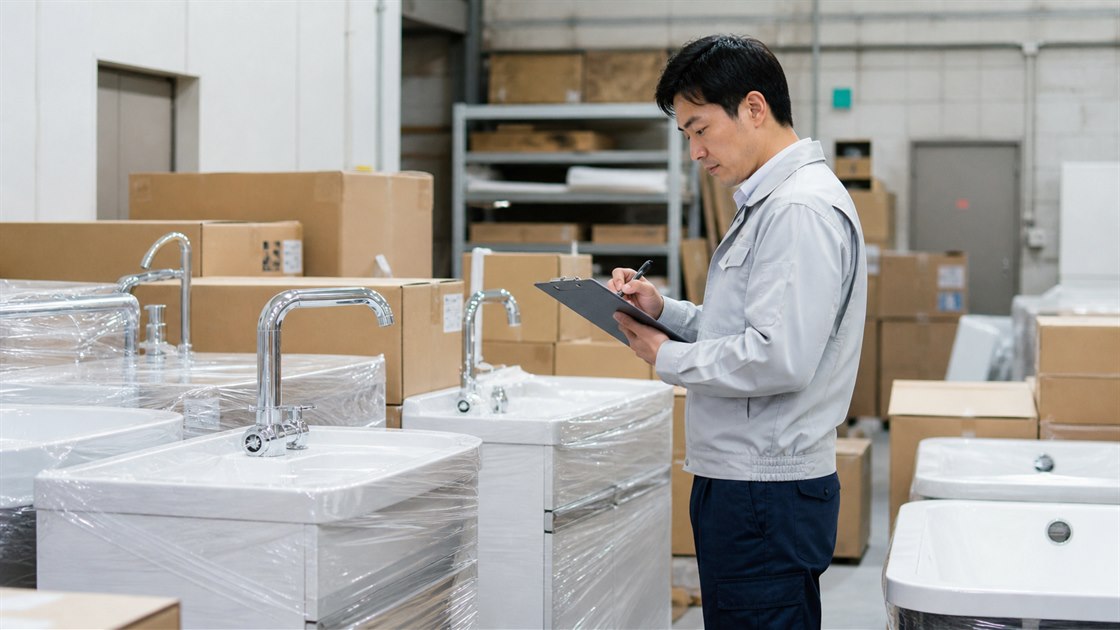 倉庫で直接仕入れた住宅設備を確認する担当者