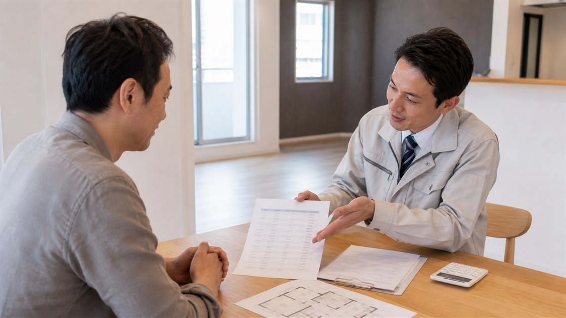 物件オーナーへ内訳の分かる見積りを説明する担当者