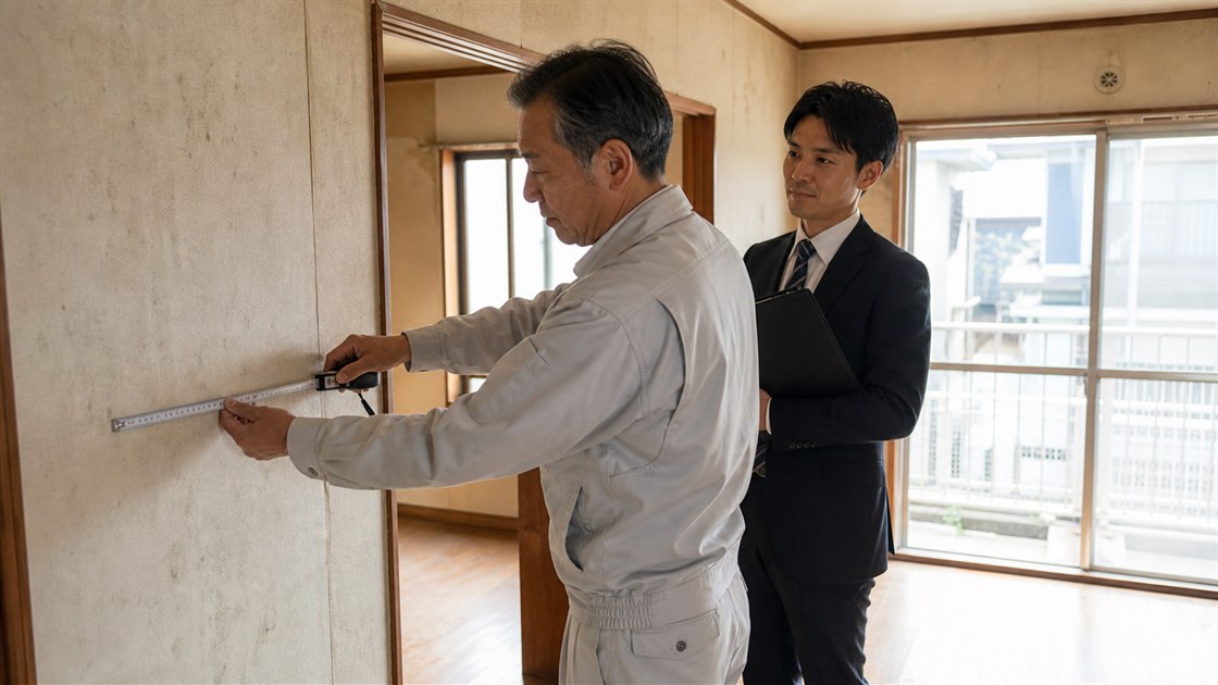 購入前の中古物件を採寸する職人と不動産担当者