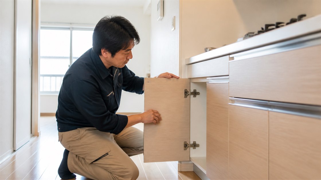 完成後のキッチン収納を点検する職人