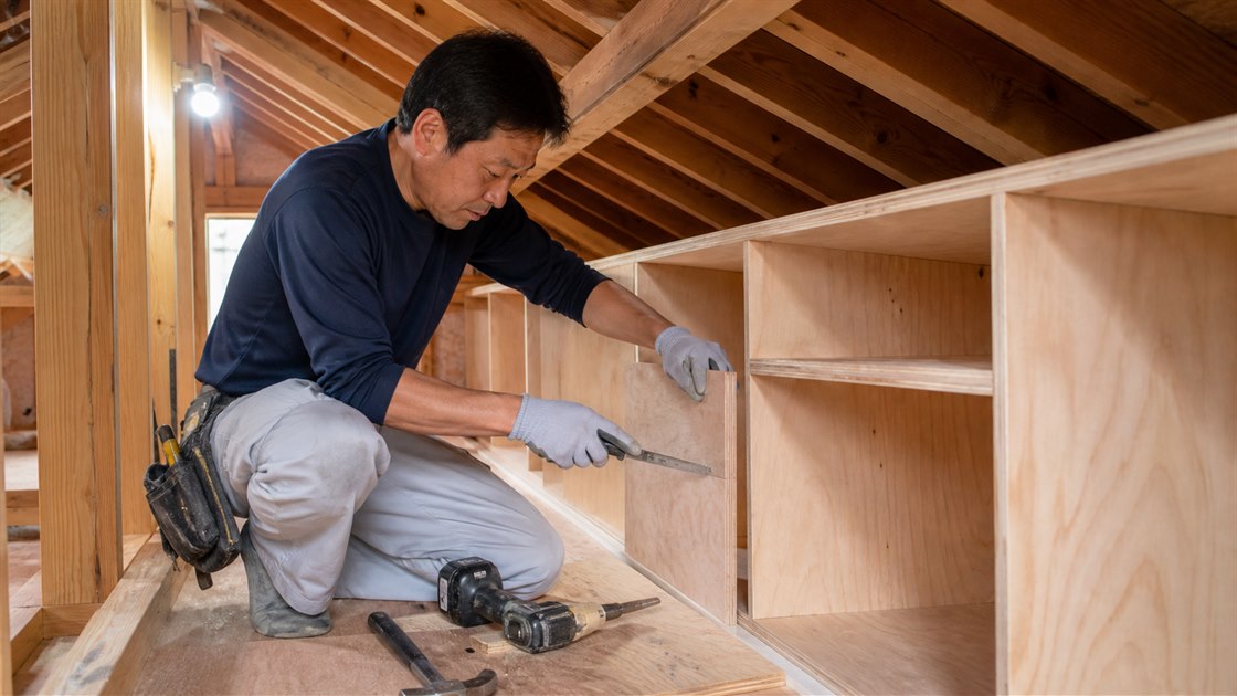 屋根裏収納を造作する大工